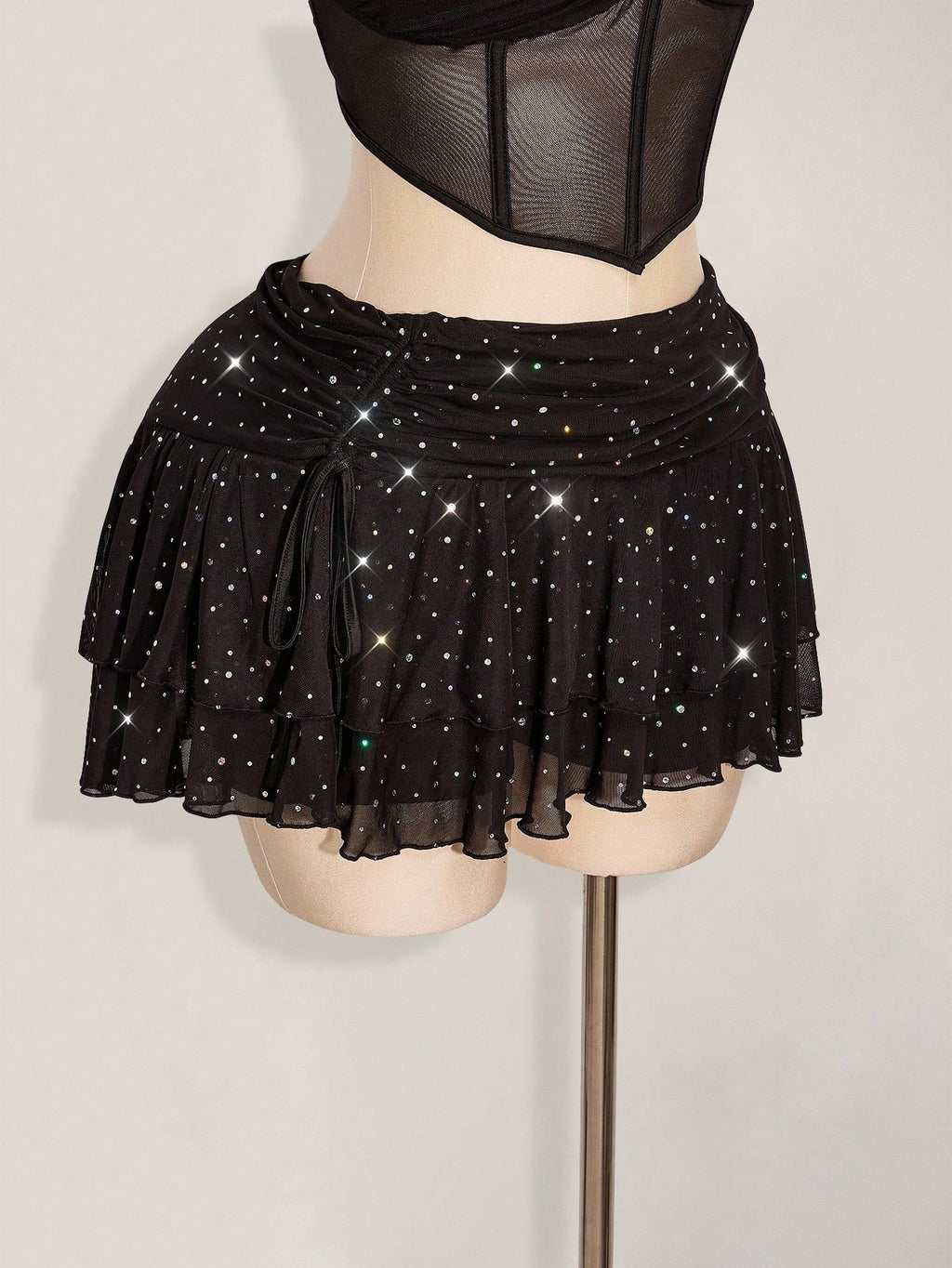 Plus Size Glitter Mesh Ruched Mini Skirt – Layered High Slit Y2K Sparkle Skirt for Women