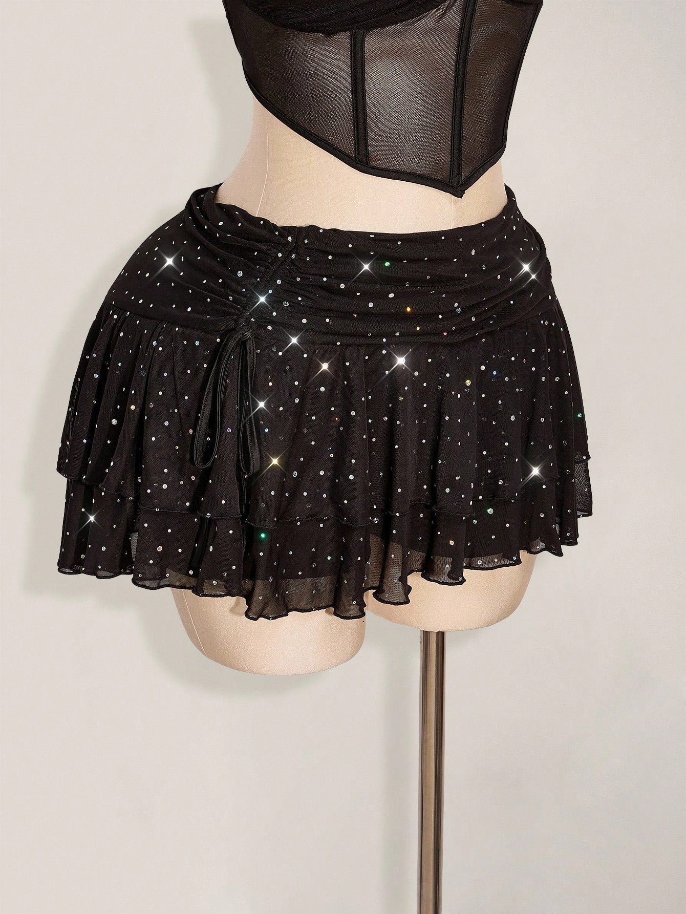 Plus Size Glitter Mesh Ruched Mini Skirt – Layered High Slit Y2K Sparkle Skirt for Women