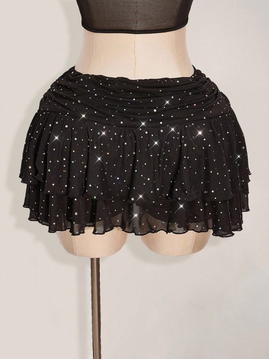 Plus Size Glitter Mesh Ruched Mini Skirt – Layered High Slit Y2K Sparkle Skirt for Women