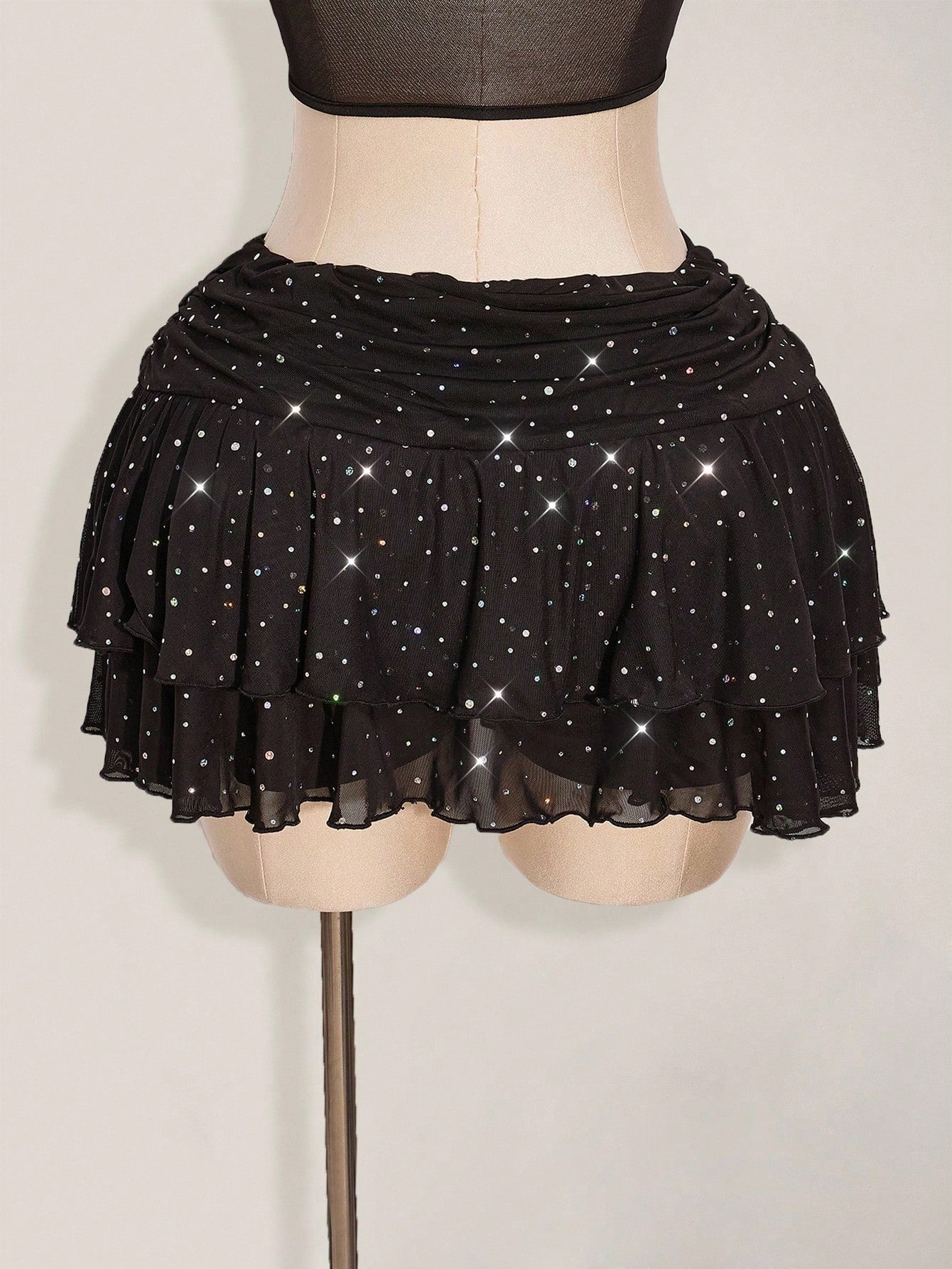 Plus Size Glitter Mesh Ruched Mini Skirt – Layered High Slit Y2K Sparkle Skirt for Women