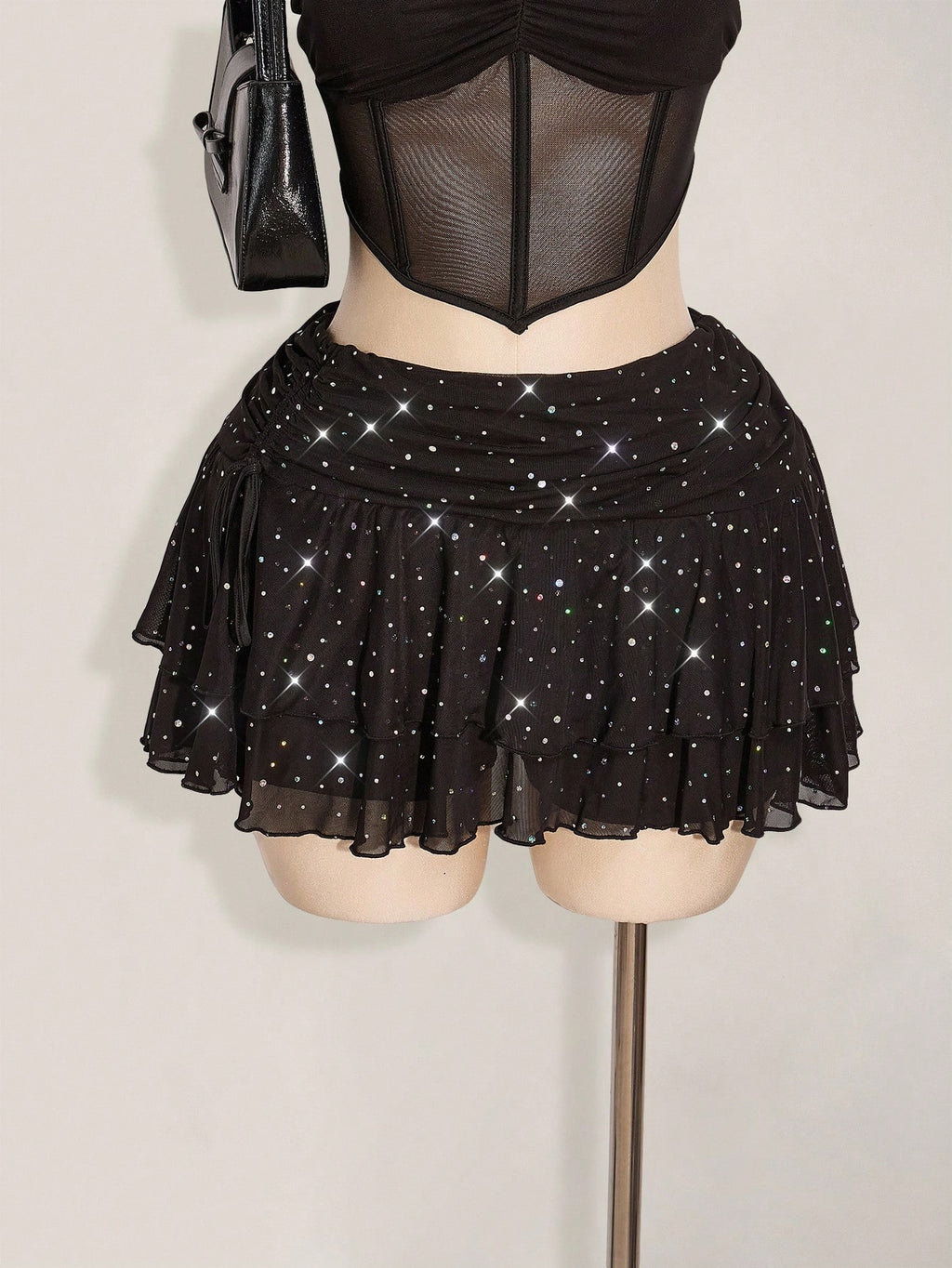 Plus Size Glitter Mesh Ruched Mini Skirt – Layered High Slit Y2K Sparkle Skirt for Women