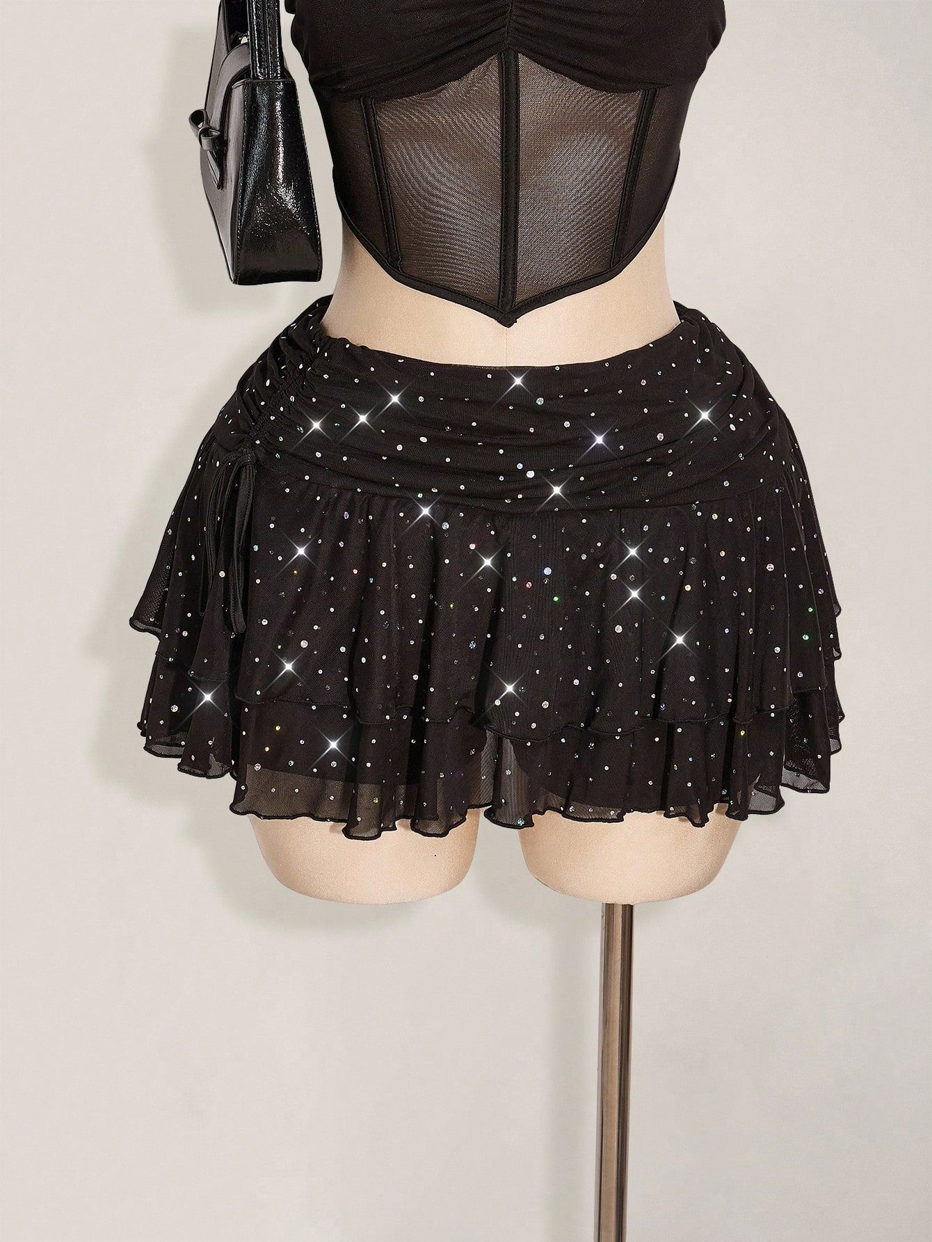 Plus Size Glitter Mesh Ruched Mini Skirt – Layered High Slit Y2K Sparkle Skirt for Women