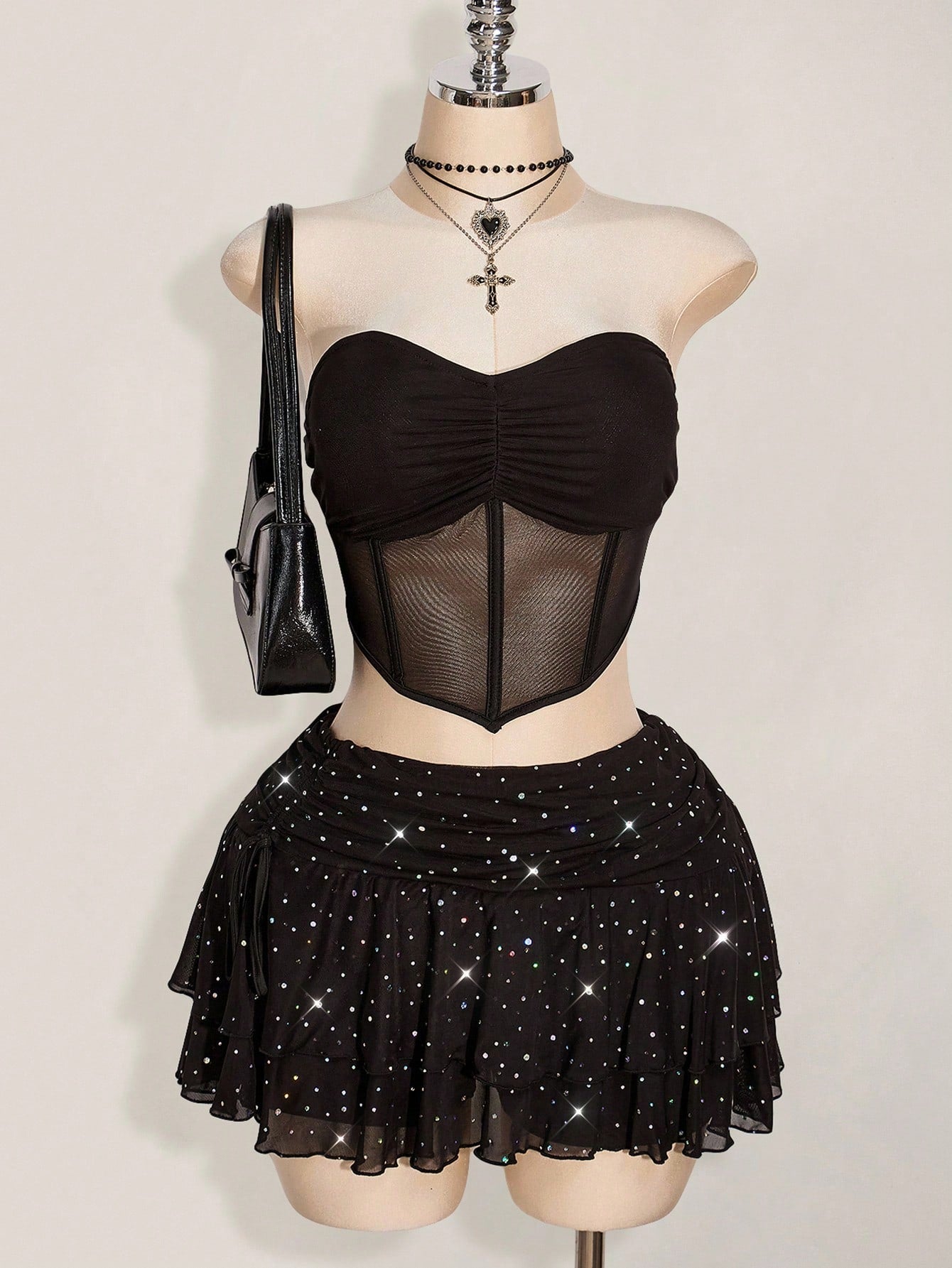 Plus Size Glitter Mesh Ruched Mini Skirt – Layered High Slit Y2K Sparkle Skirt for Women