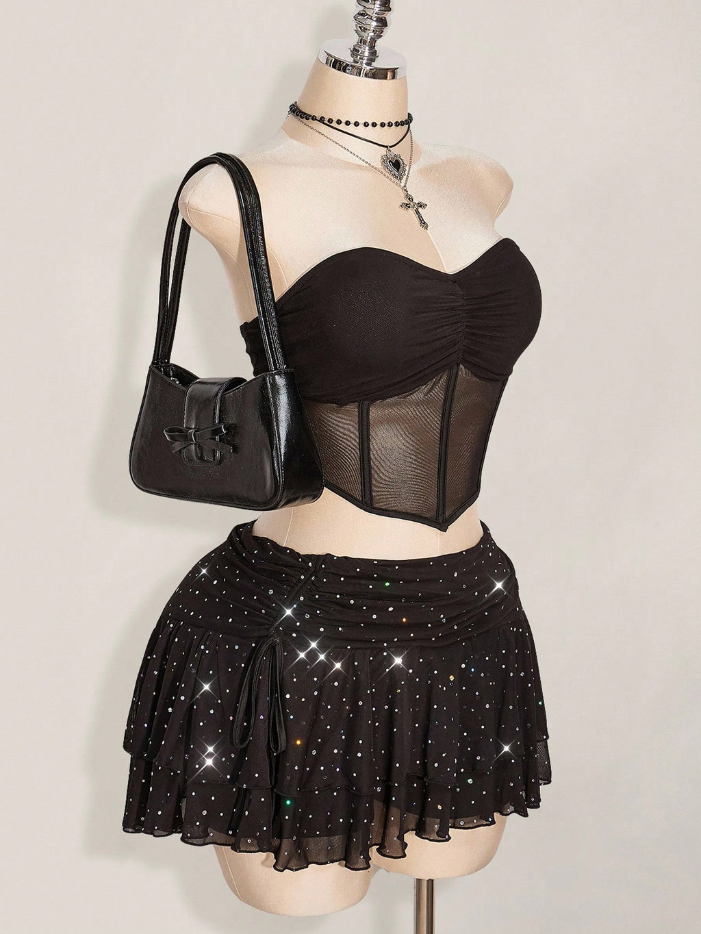 Plus Size Glitter Mesh Ruched Mini Skirt – Layered High Slit Y2K Sparkle Skirt for Women