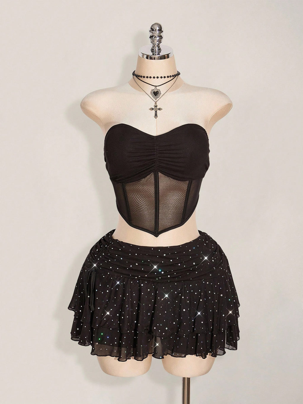 Plus Size Glitter Mesh Ruched Mini Skirt – Layered High Slit Y2K Sparkle Skirt for Women