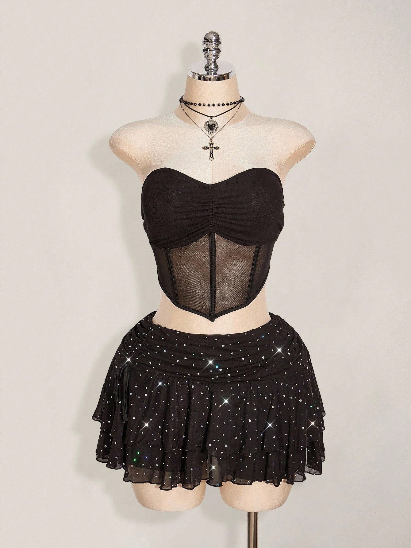 Plus Size Glitter Mesh Ruched Mini Skirt – Layered High Slit Y2K Sparkle Skirt for Women