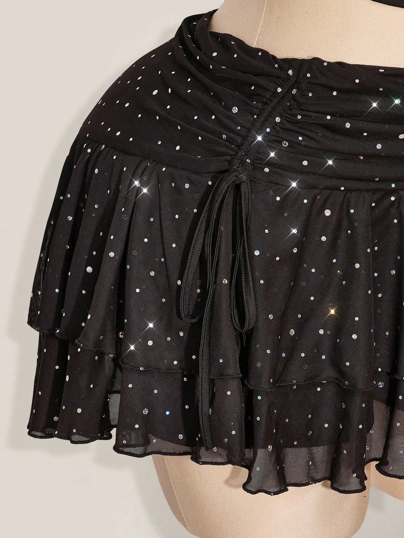 Plus Size Glitter Mesh Ruched Mini Skirt – Layered High Slit Y2K Sparkle Skirt for Women