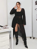 Plus Size Sheer Open Front Top – Y2K Mesh Perspective Long Sleeve Cover Up