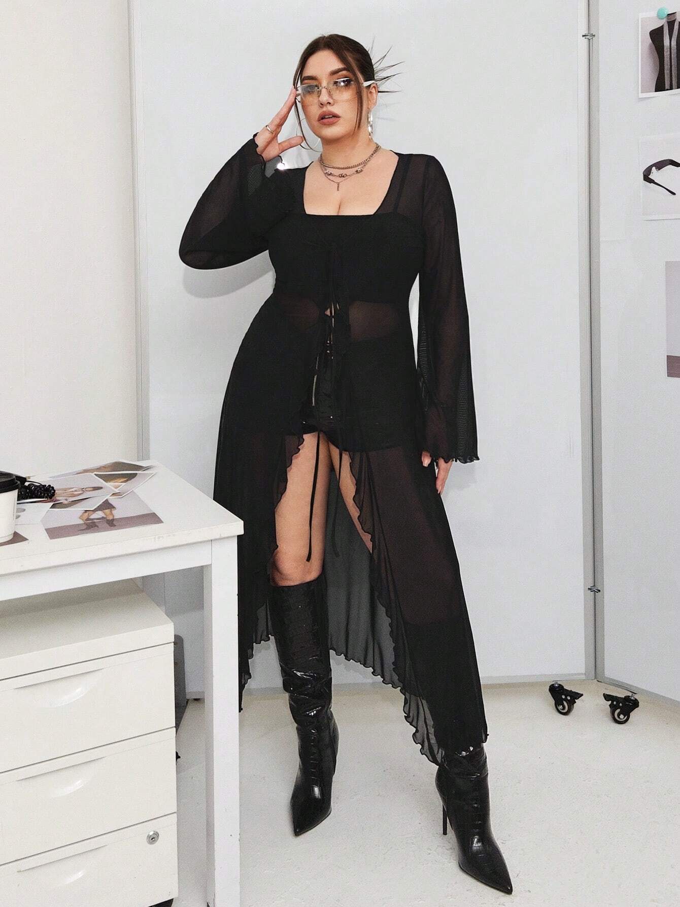 Plus Size Sheer Open Front Top – Y2K Mesh Perspective Long Sleeve Cover Up