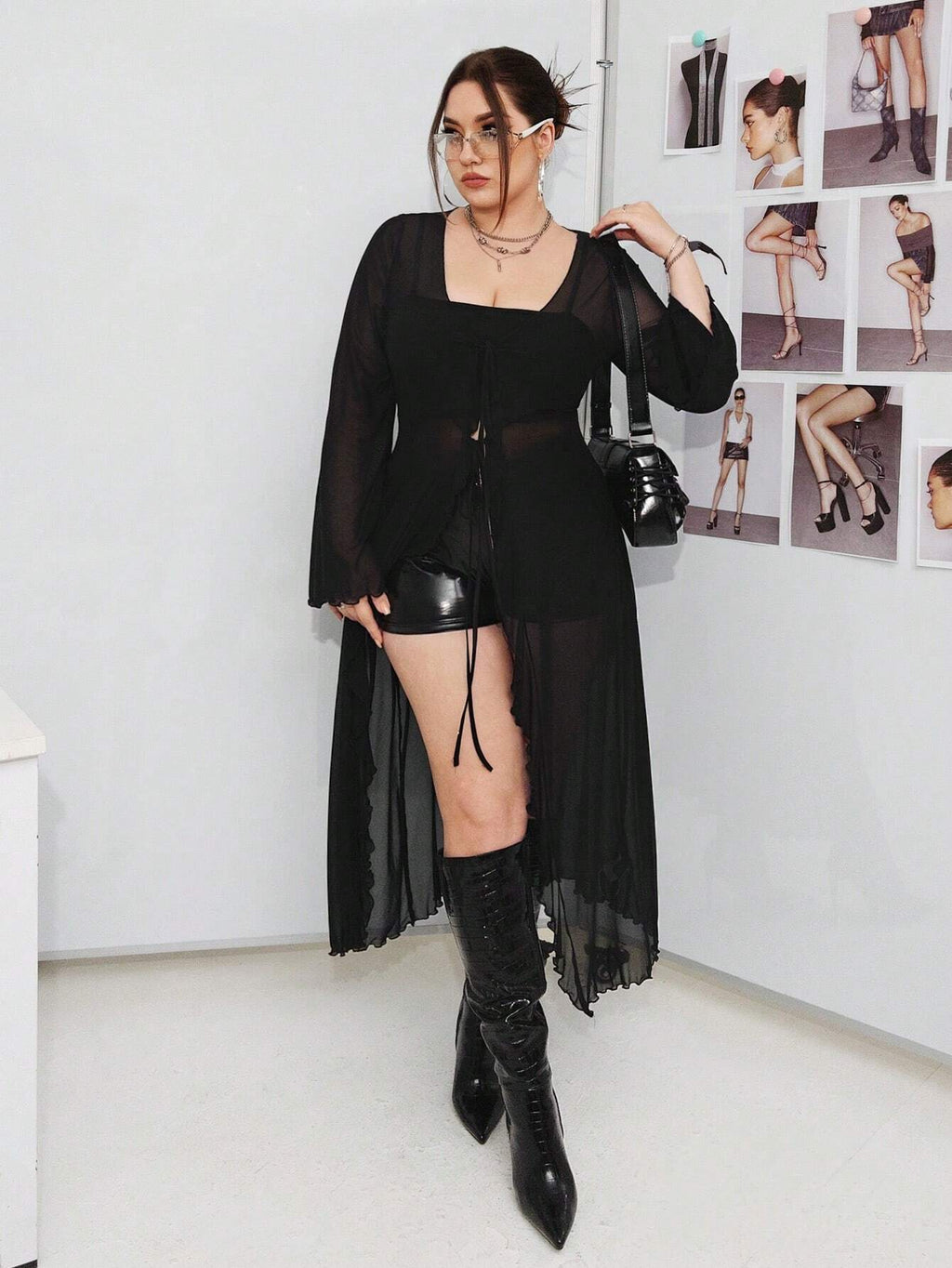 Plus Size Sheer Open Front Top – Y2K Mesh Perspective Long Sleeve Cover Up