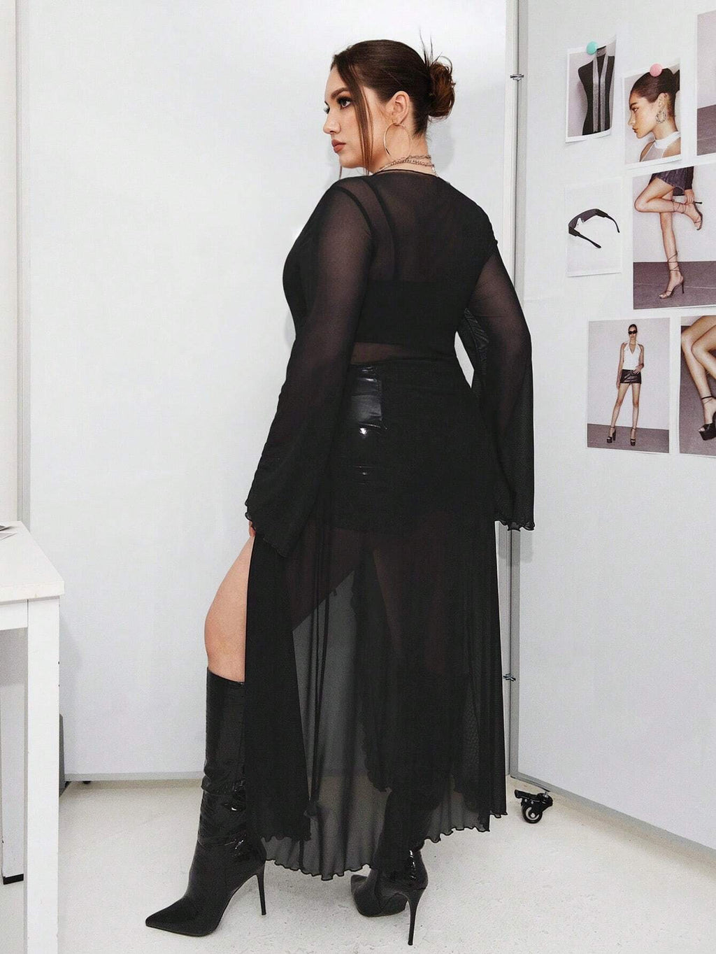 Plus Size Sheer Open Front Top – Y2K Mesh Perspective Long Sleeve Cover Up