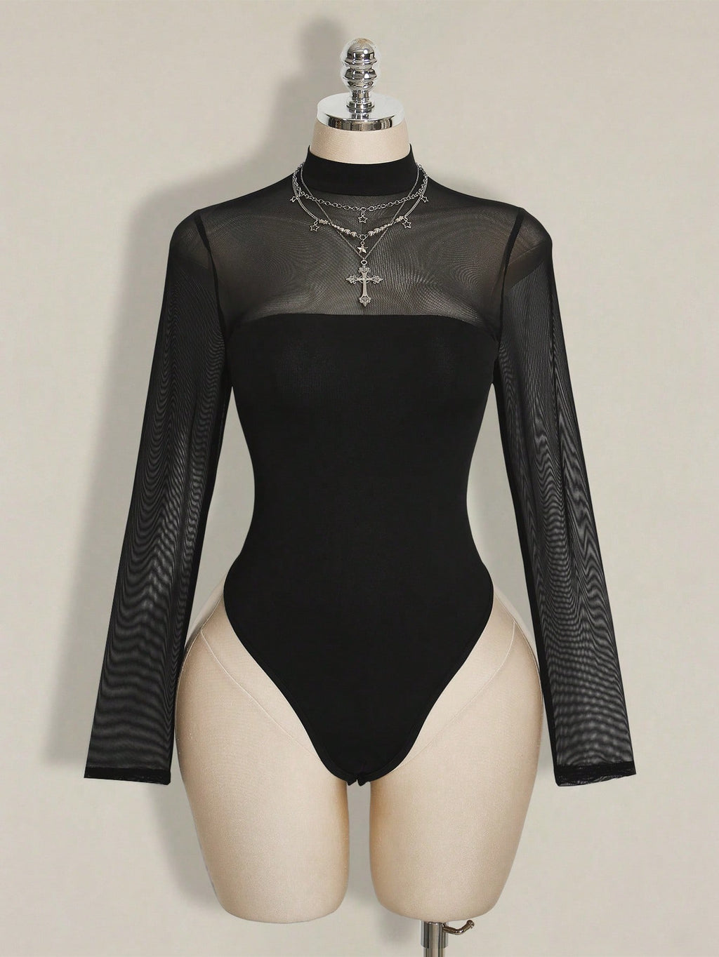 Plus Size Black Mesh Bodysuit – Y2K Sheer Long Sleeve Stand Collar Top for Women