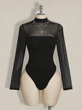 Plus Size Black Mesh Bodysuit – Y2K Sheer Long Sleeve Stand Collar Top for Women
