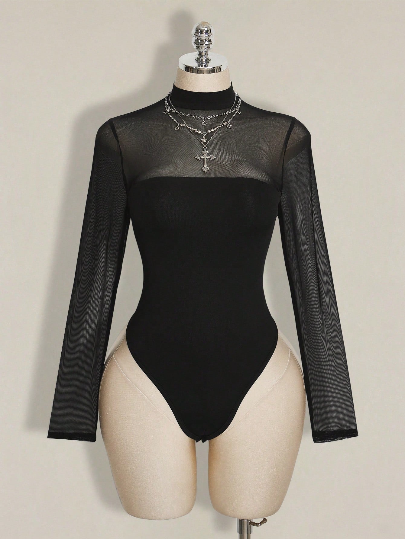 Plus Size Black Mesh Bodysuit – Y2K Sheer Long Sleeve Stand Collar Top for Women