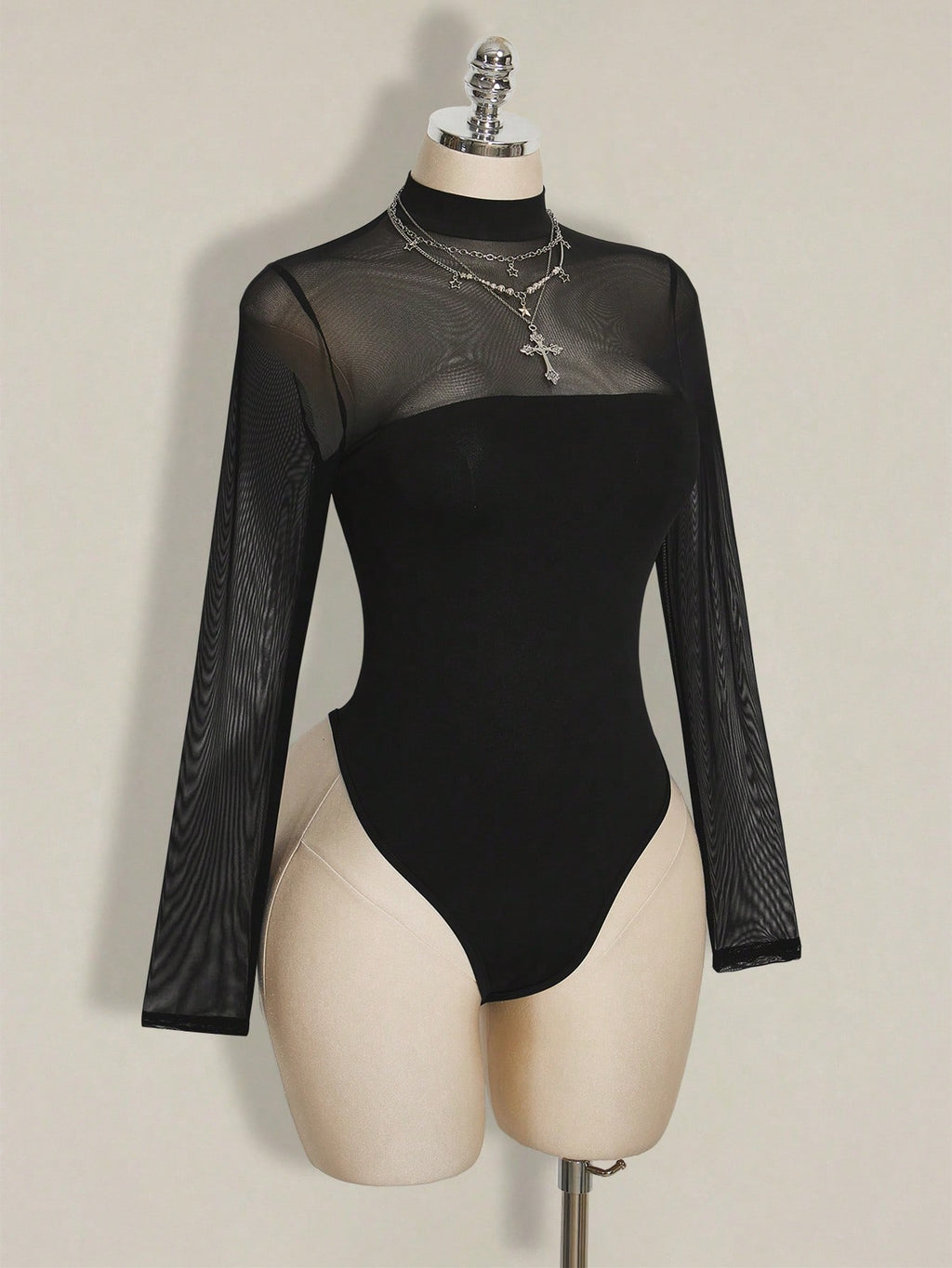 Plus Size Black Mesh Bodysuit – Y2K Sheer Long Sleeve Stand Collar Top for Women