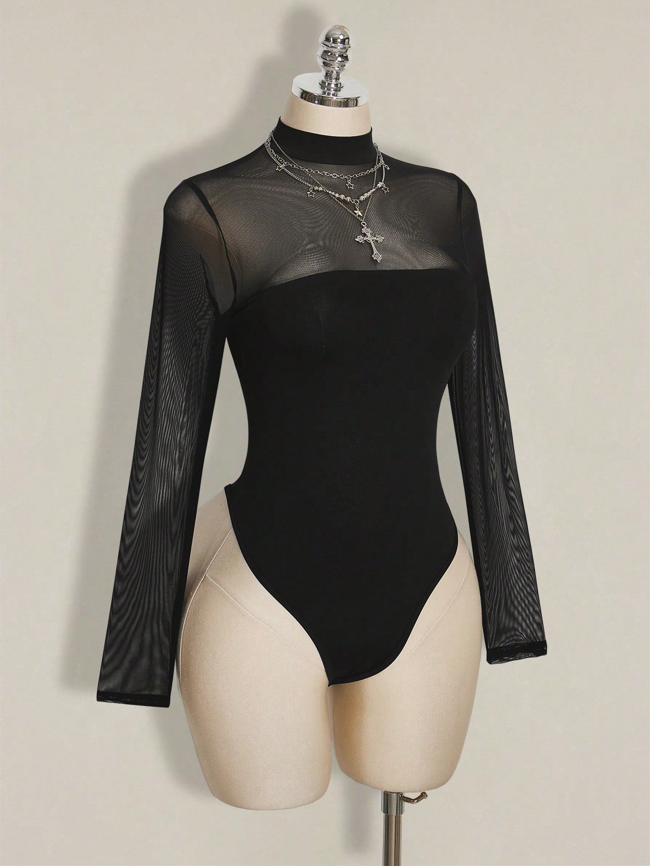 Plus Size Black Mesh Bodysuit – Y2K Sheer Long Sleeve Stand Collar Top for Women