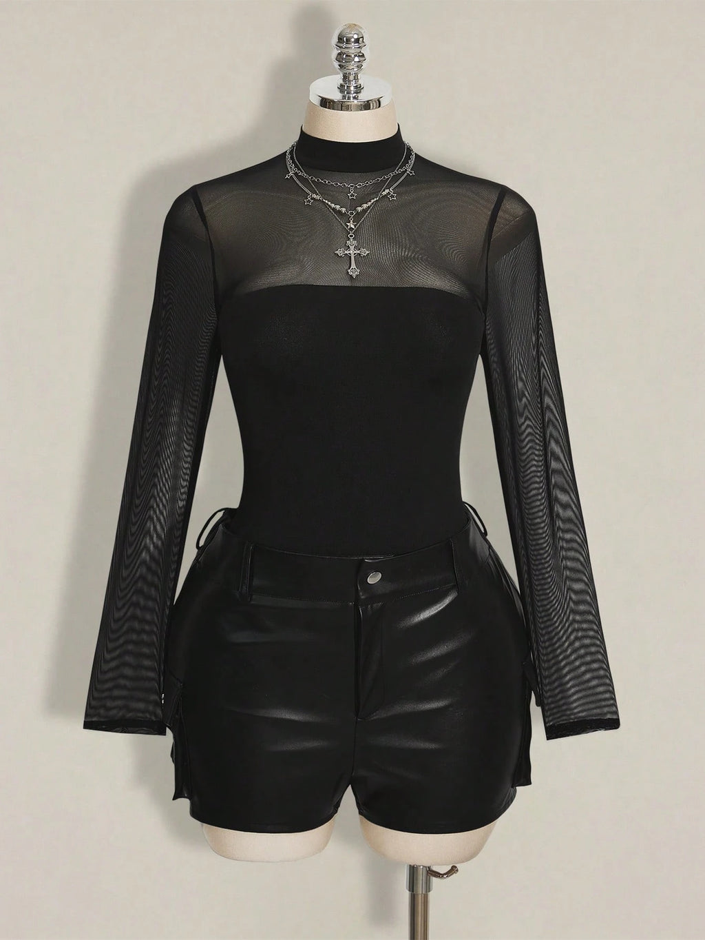 Plus Size Black Mesh Bodysuit – Y2K Sheer Long Sleeve Stand Collar Top for Women