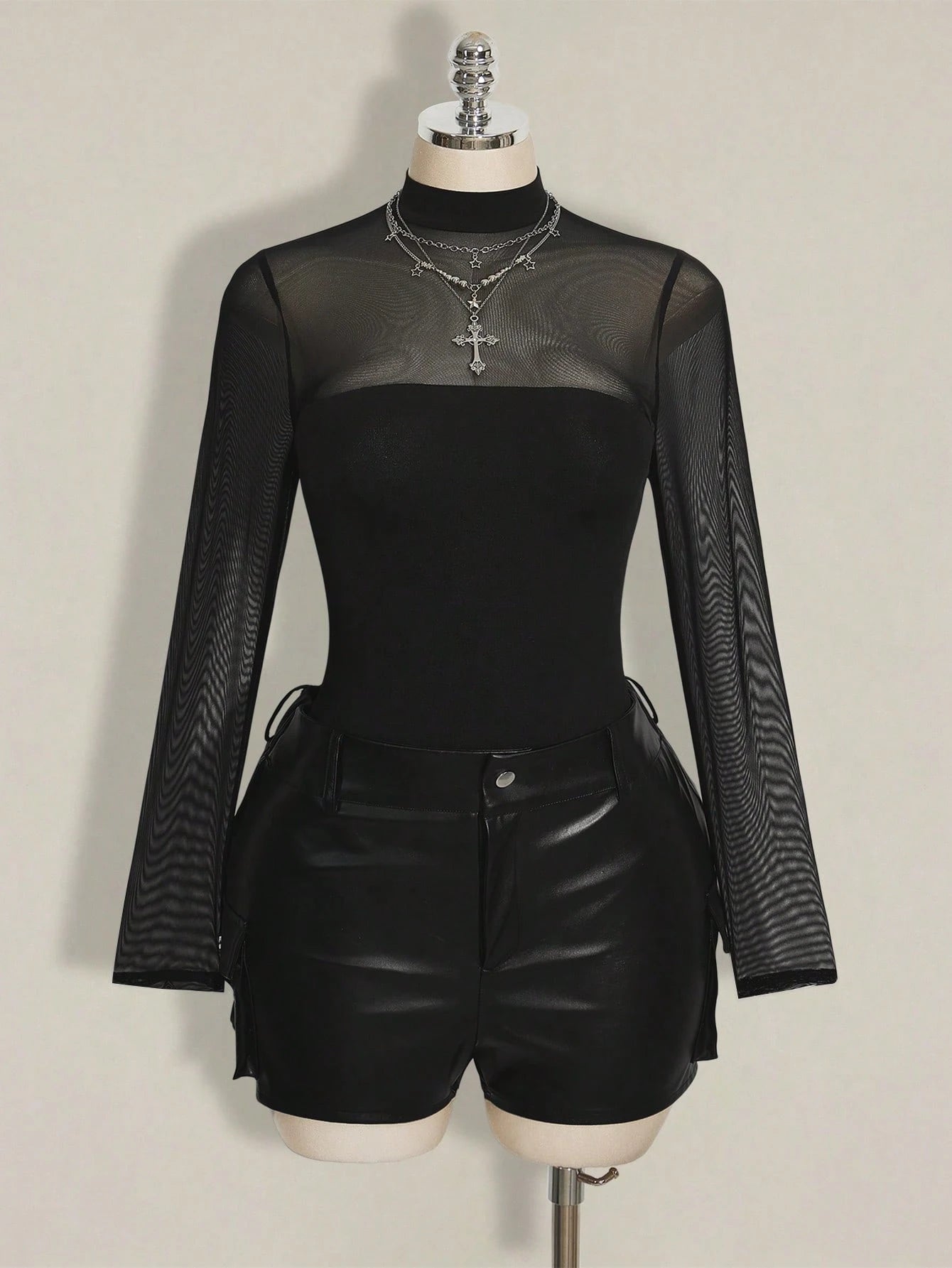 Plus Size Black Mesh Bodysuit – Y2K Sheer Long Sleeve Stand Collar Top for Women