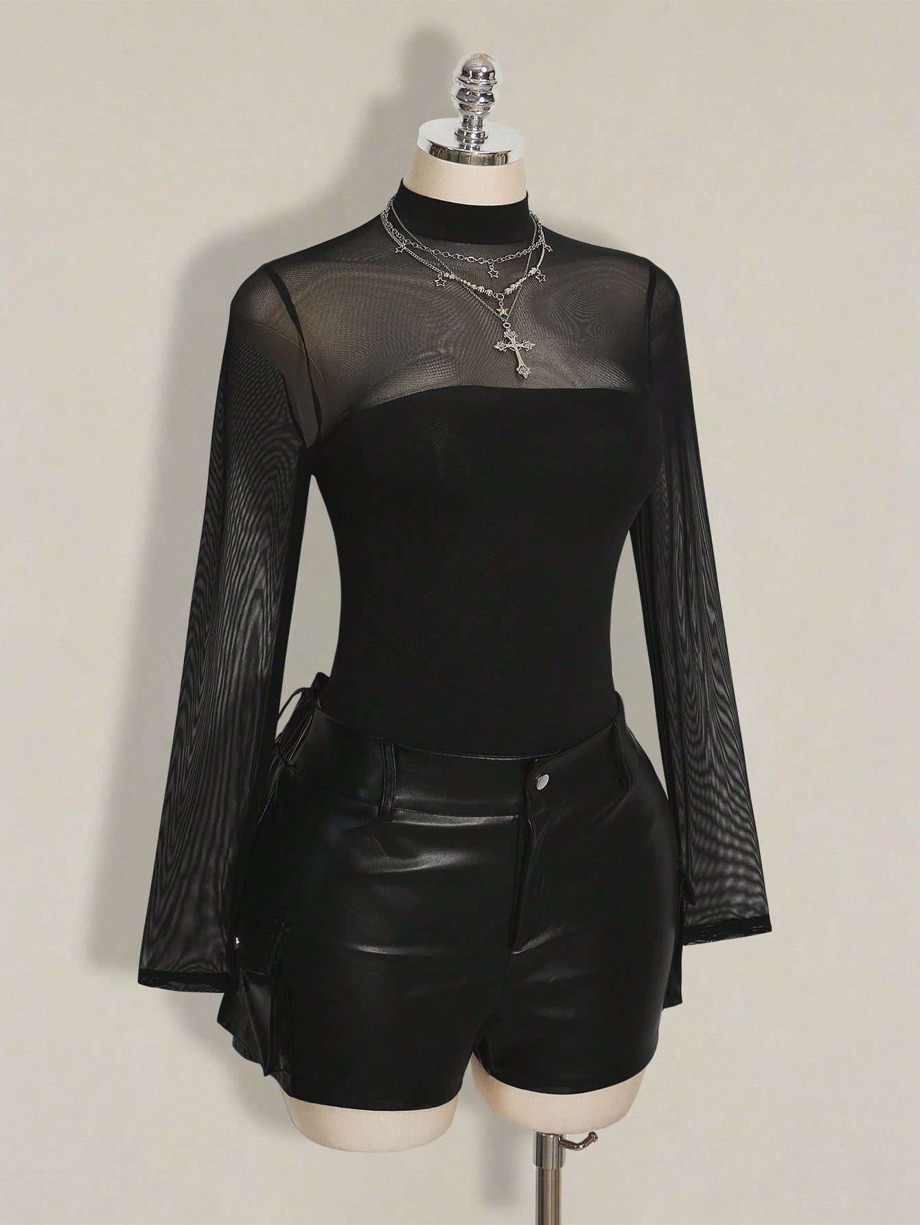 Plus Size Black Mesh Bodysuit – Y2K Sheer Long Sleeve Stand Collar Top for Women