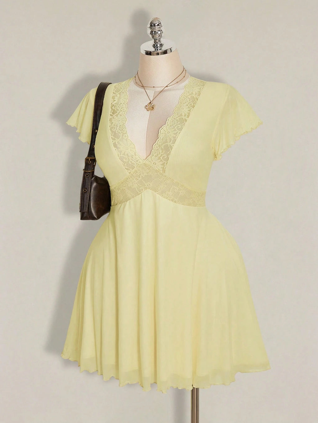 Plus Size Yellow Lace Trim Mesh Dress – Retro Ruffle Sleeve Beach Vacation Dress for Women