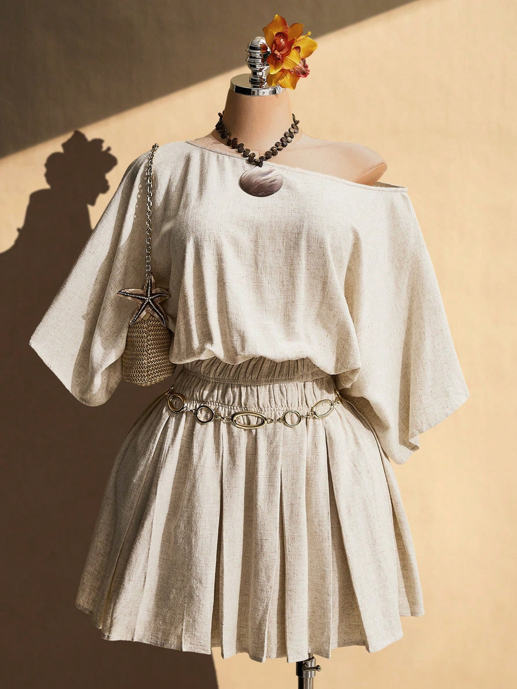 SHEIN ICON Plus Size One Shoulder Linen Blend Midi Dress – Khaki Boho Pleated Waist Beach Vacation Outfit