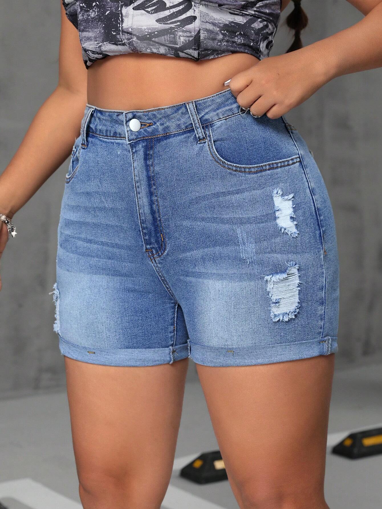 Plus Size Ripped Denim Shorts – Casual Y2K Summer Jean Shorts for Women