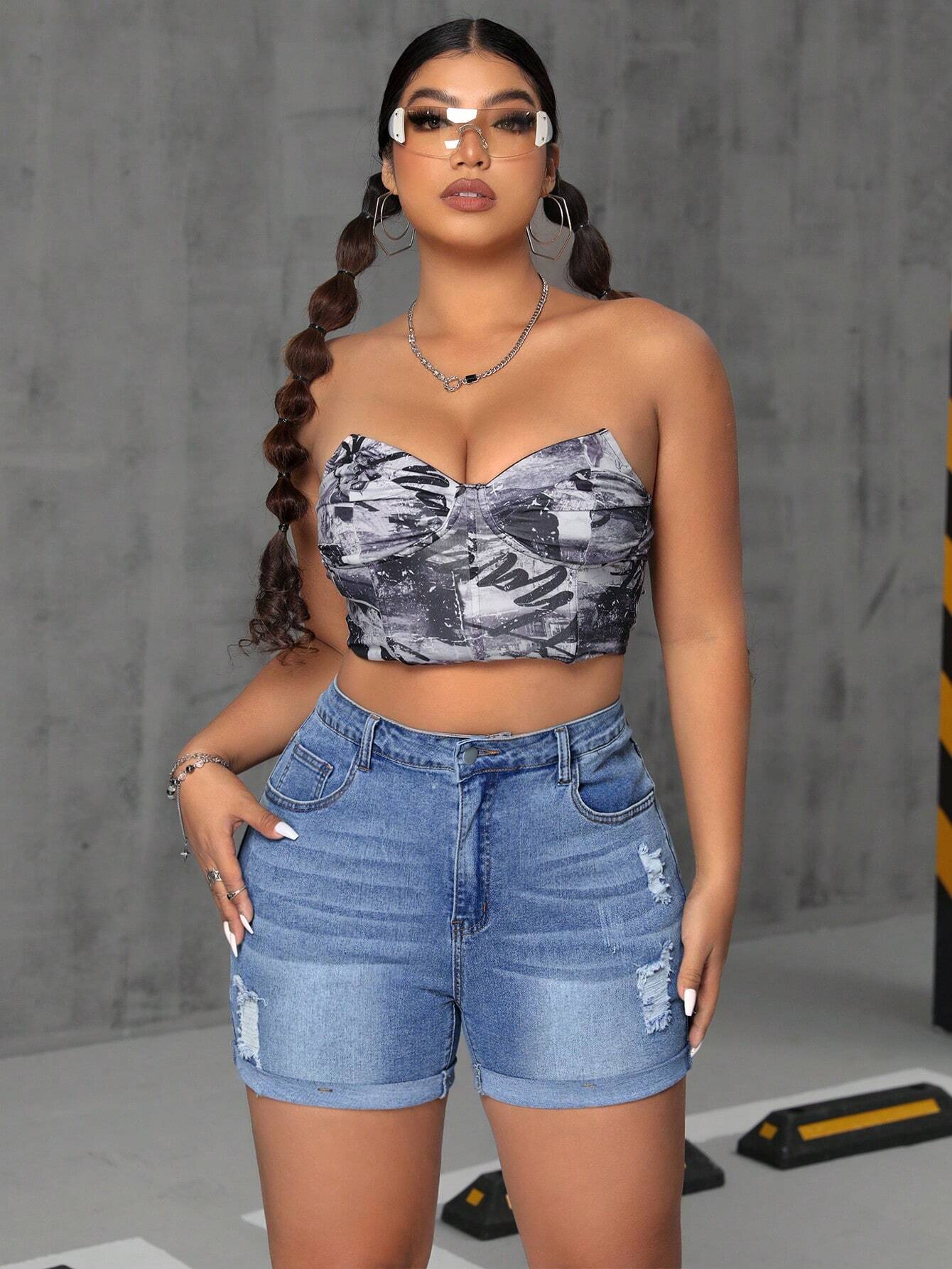 Plus Size Ripped Denim Shorts – Casual Y2K Summer Jean Shorts for Women