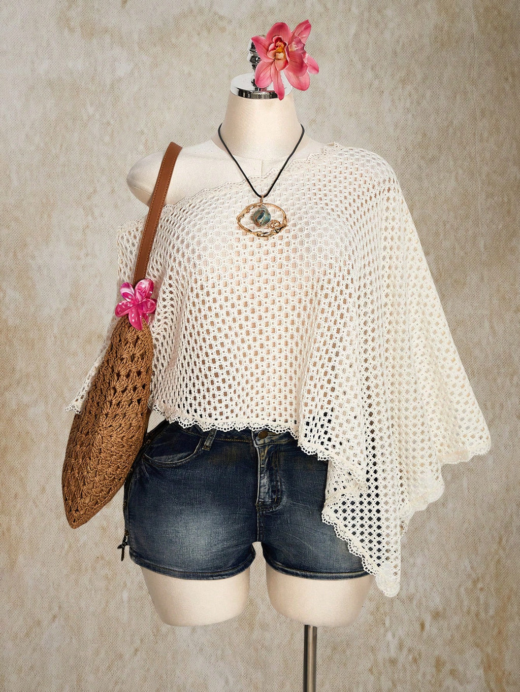Plus Size Sheer Crochet Beach Cover Up – Lace Trim Sexy Beige Swimwear Top