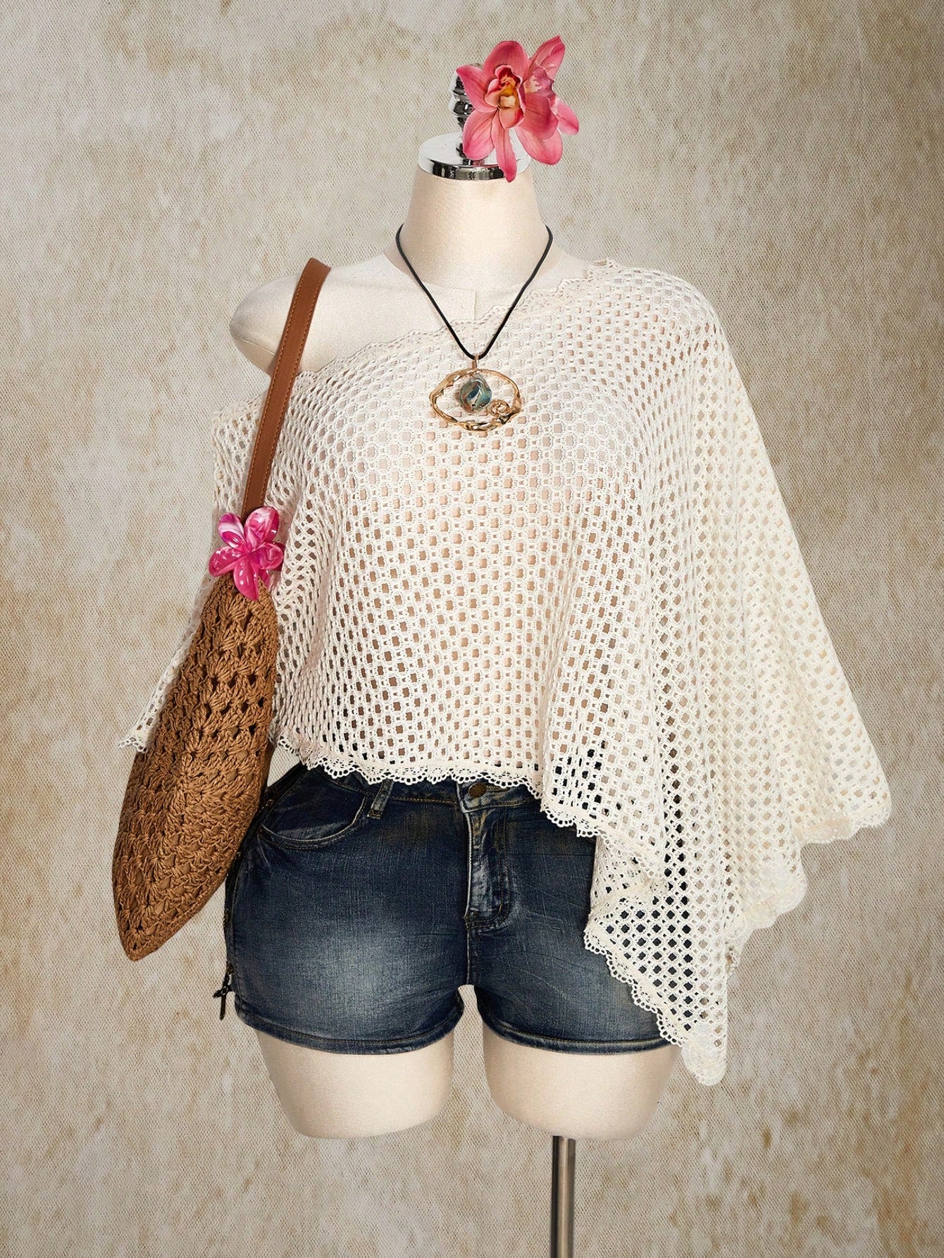 Plus Size Sheer Crochet Beach Cover Up – Lace Trim Sexy Beige Swimwear Top