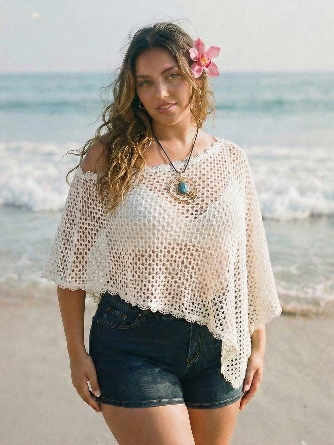 Plus Size Sheer Crochet Beach Cover Up – Lace Trim Sexy Beige Swimwear Top