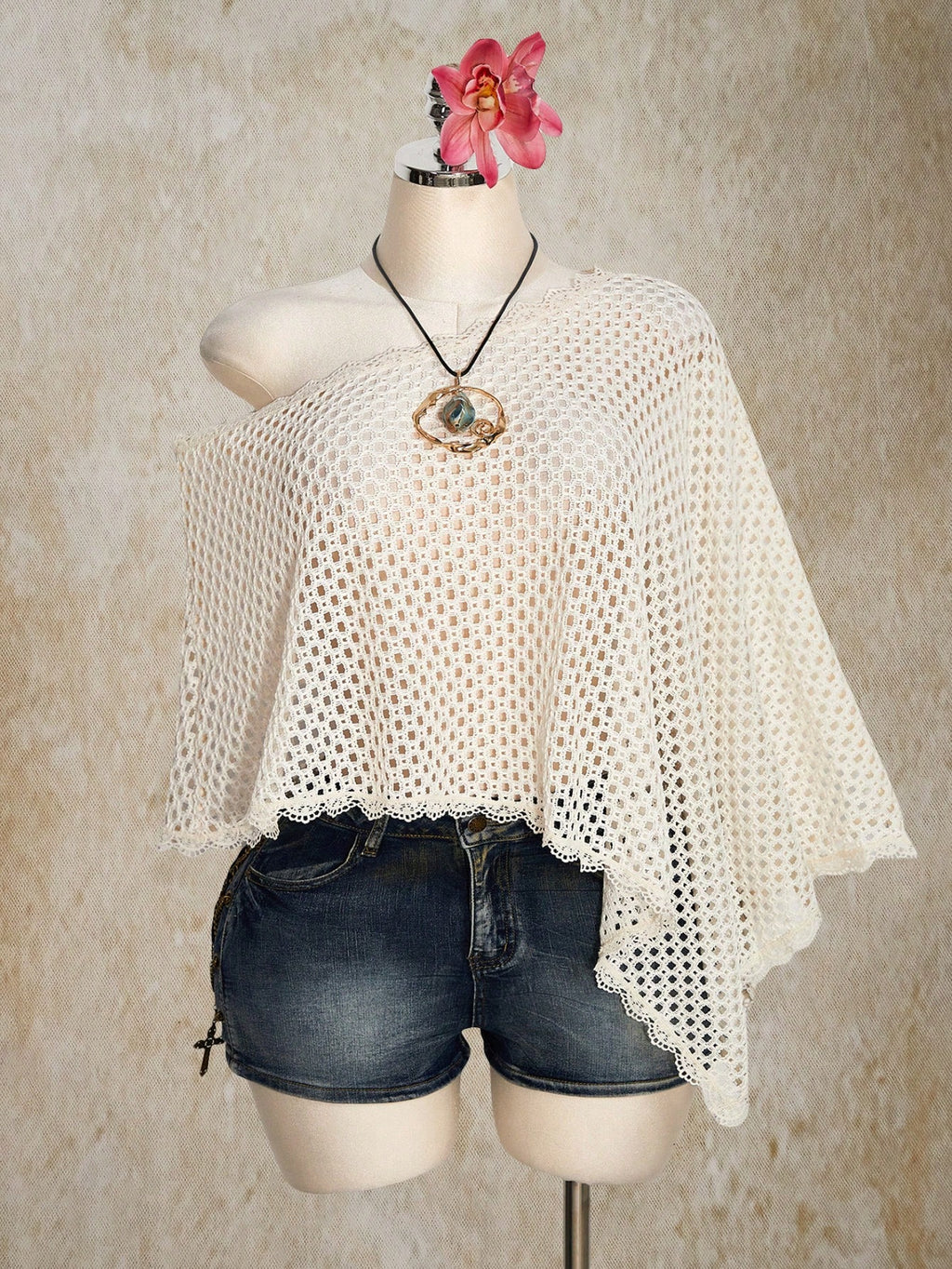 Plus Size Sheer Crochet Beach Cover Up – Lace Trim Sexy Beige Swimwear Top
