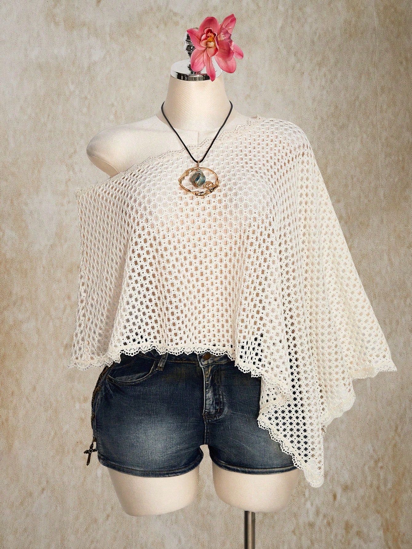 Plus Size Sheer Crochet Beach Cover Up – Lace Trim Sexy Beige Swimwear Top