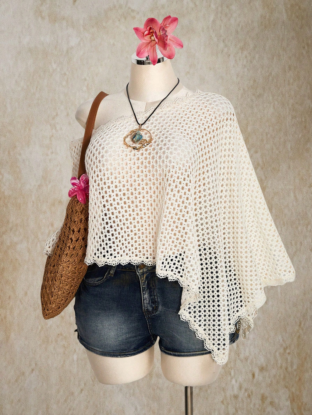 Plus Size Sheer Crochet Beach Cover Up – Lace Trim Sexy Beige Swimwear Top