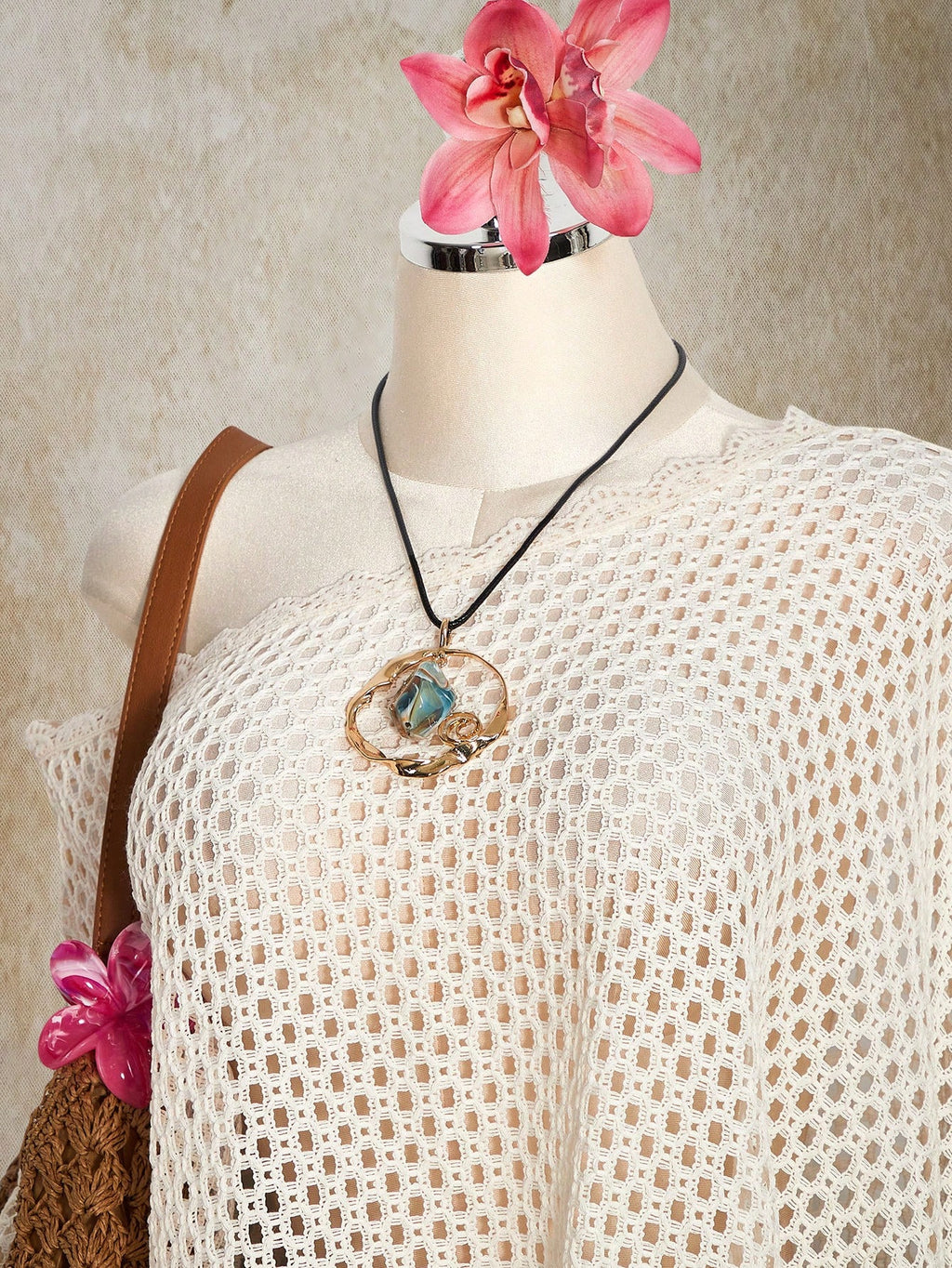Plus Size Sheer Crochet Beach Cover Up – Lace Trim Sexy Beige Swimwear Top