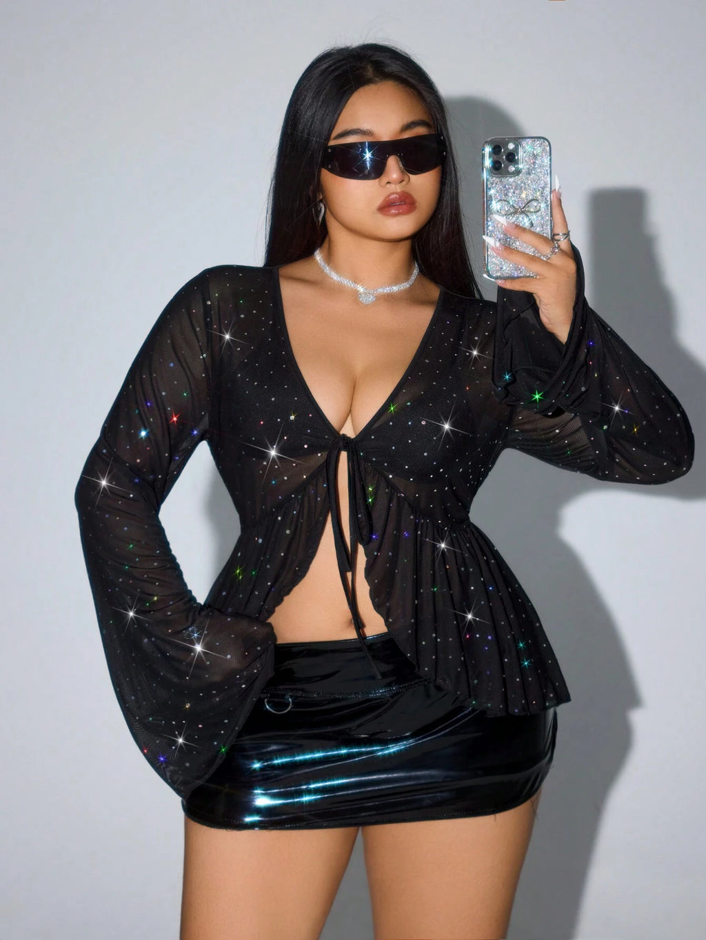 Plus Size Sequin Sheer Mesh Blouse – Sexy V-Neck Tie Front Flared Sleeve Top for Women