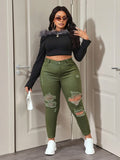SHEIN ICON Plus Size Solid Color Distressed Frayed Edge Skinny Jeans for Women – Casual Stretch Denim Pants