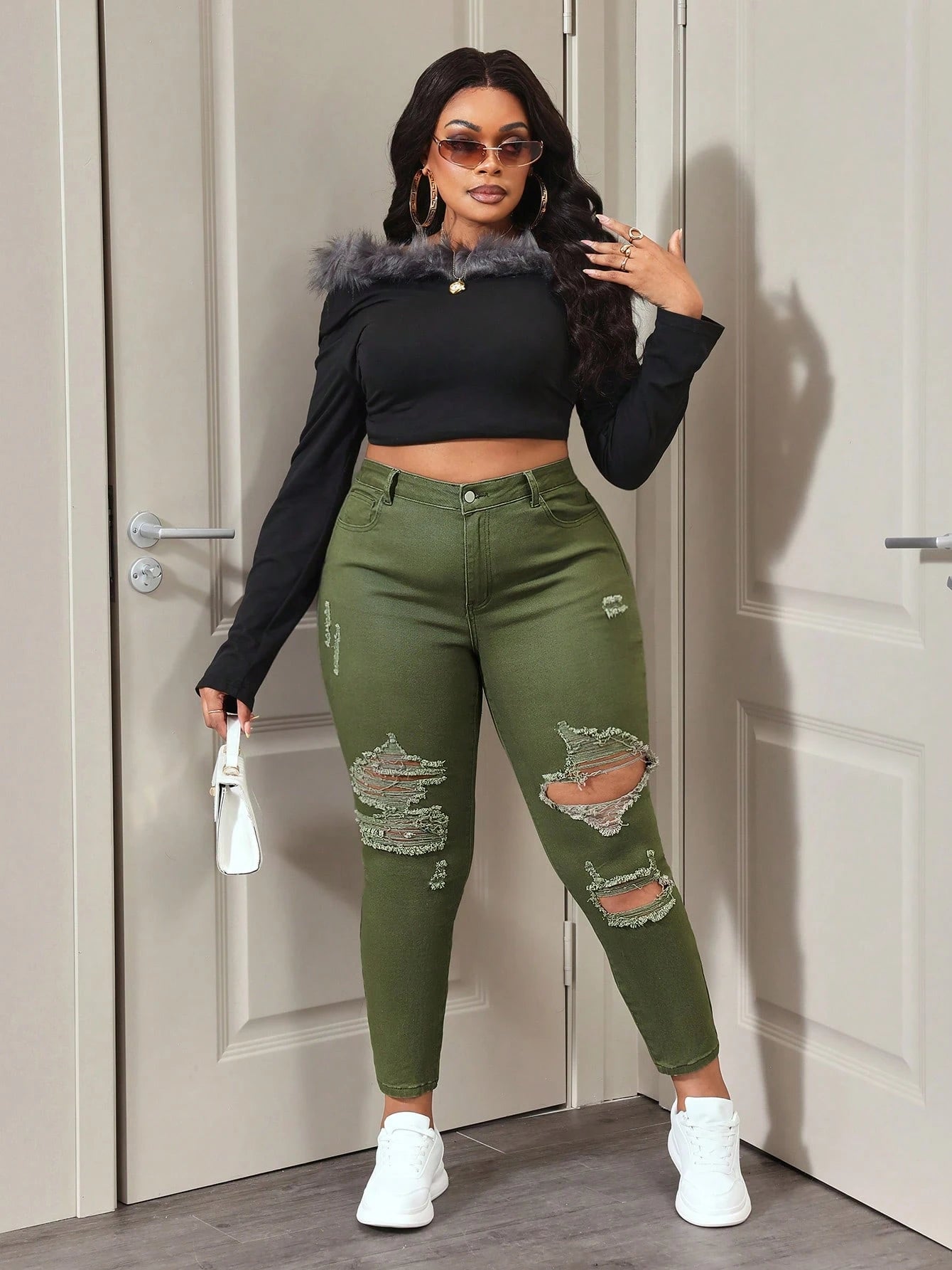 SHEIN ICON Plus Size Solid Color Distressed Frayed Edge Skinny Jeans for Women – Casual Stretch Denim Pants