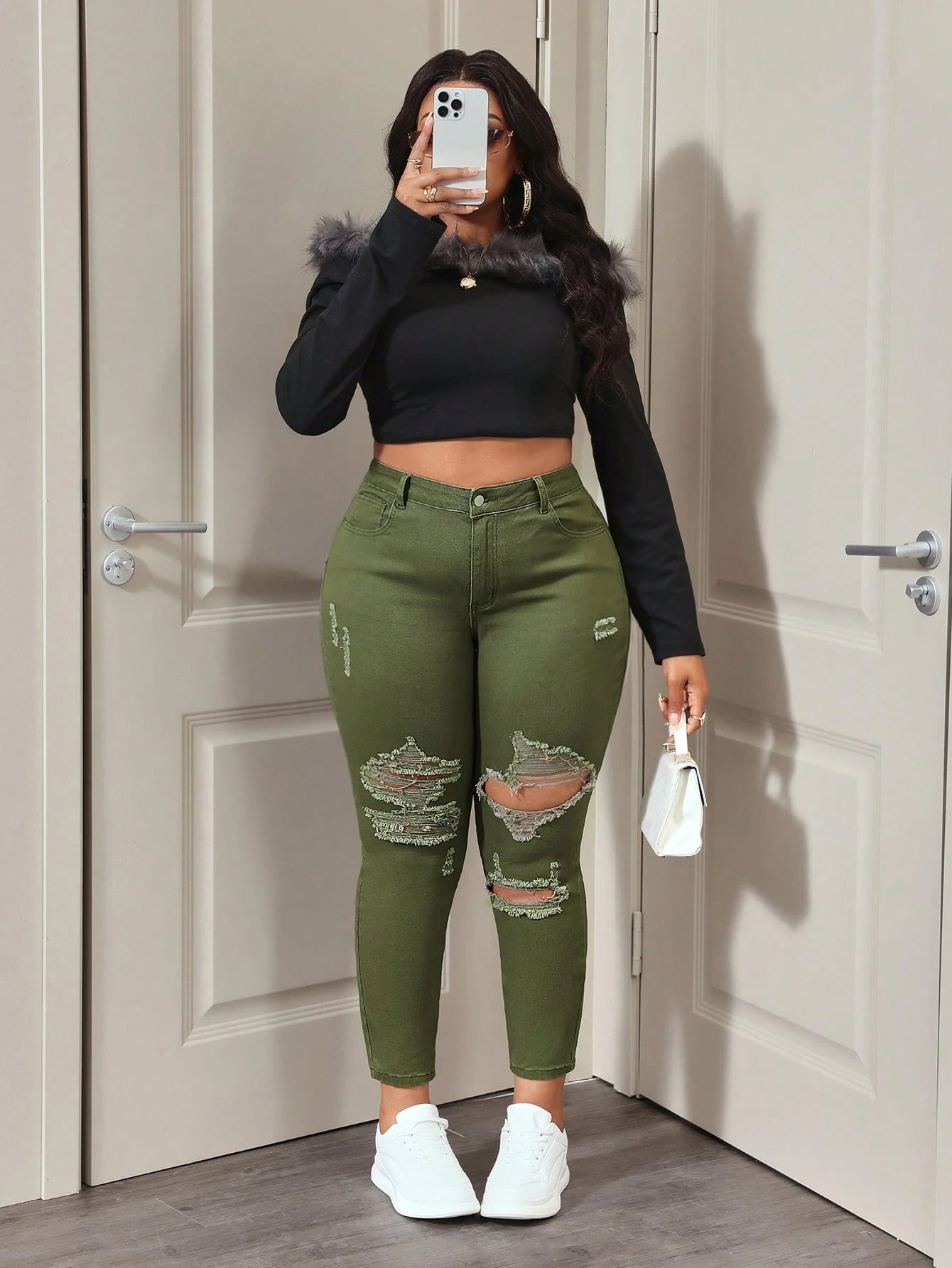 SHEIN ICON Plus Size Solid Color Distressed Frayed Edge Skinny Jeans for Women – Casual Stretch Denim Pants