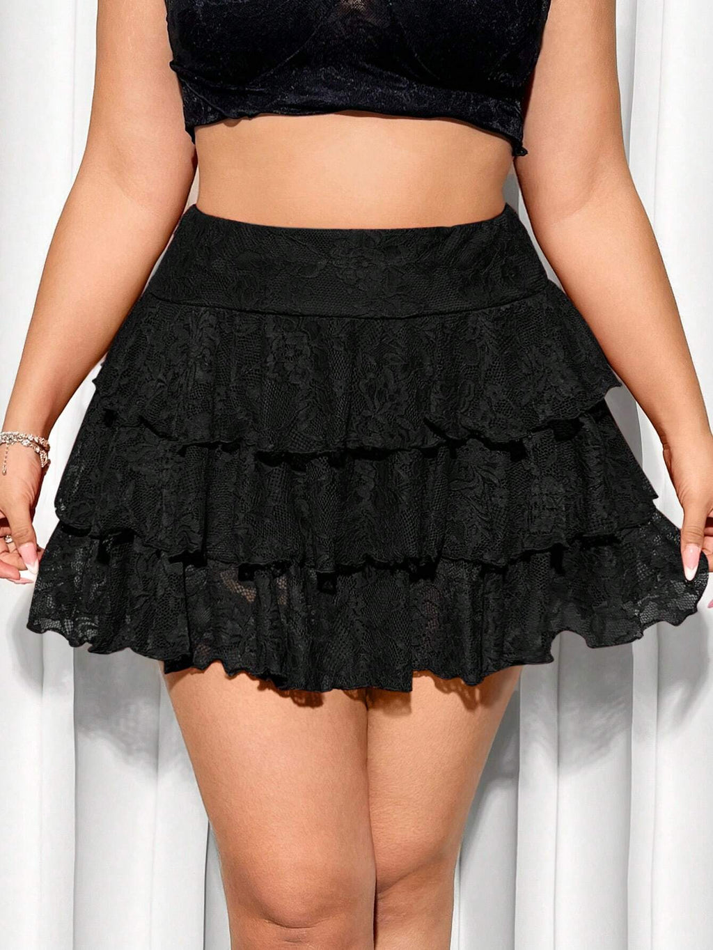 SHEIN ICON Plus Size Lace Cake Skirt – Solid Color Layered Casual Summer Vacation Mini Skirt for Women