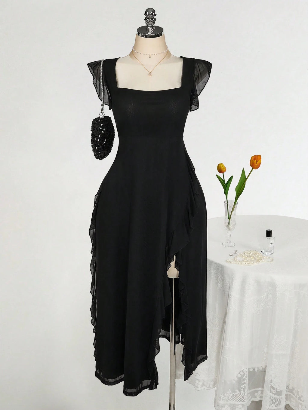 Plus Size Square Neck Ruffle Hem Dress – Romantic Wedding Guest Party Dress for Women