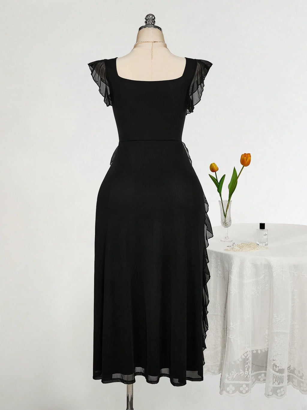 Plus Size Square Neck Ruffle Hem Dress – Romantic Wedding Guest Party Dress for Women