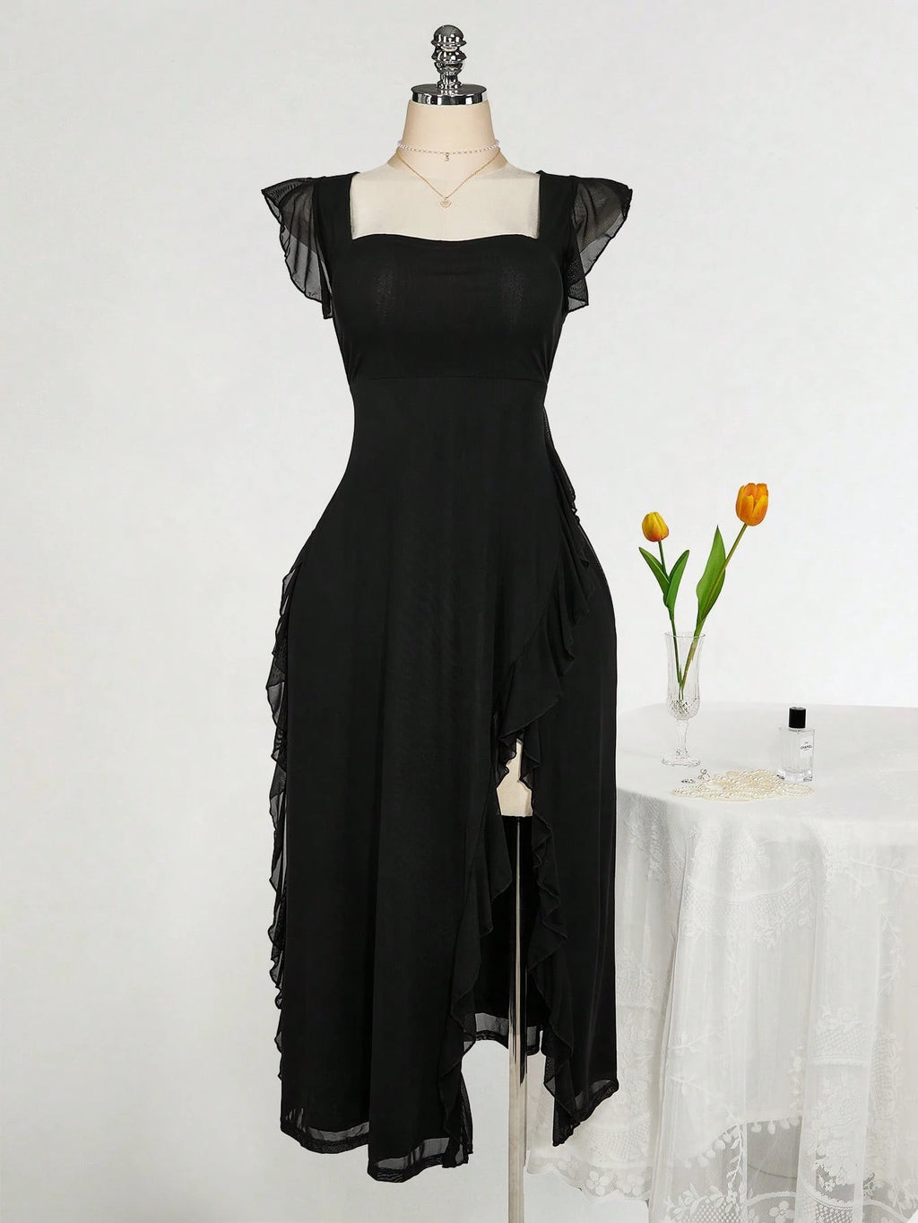 Plus Size Square Neck Ruffle Hem Dress – Romantic Wedding Guest Party Dress for Women