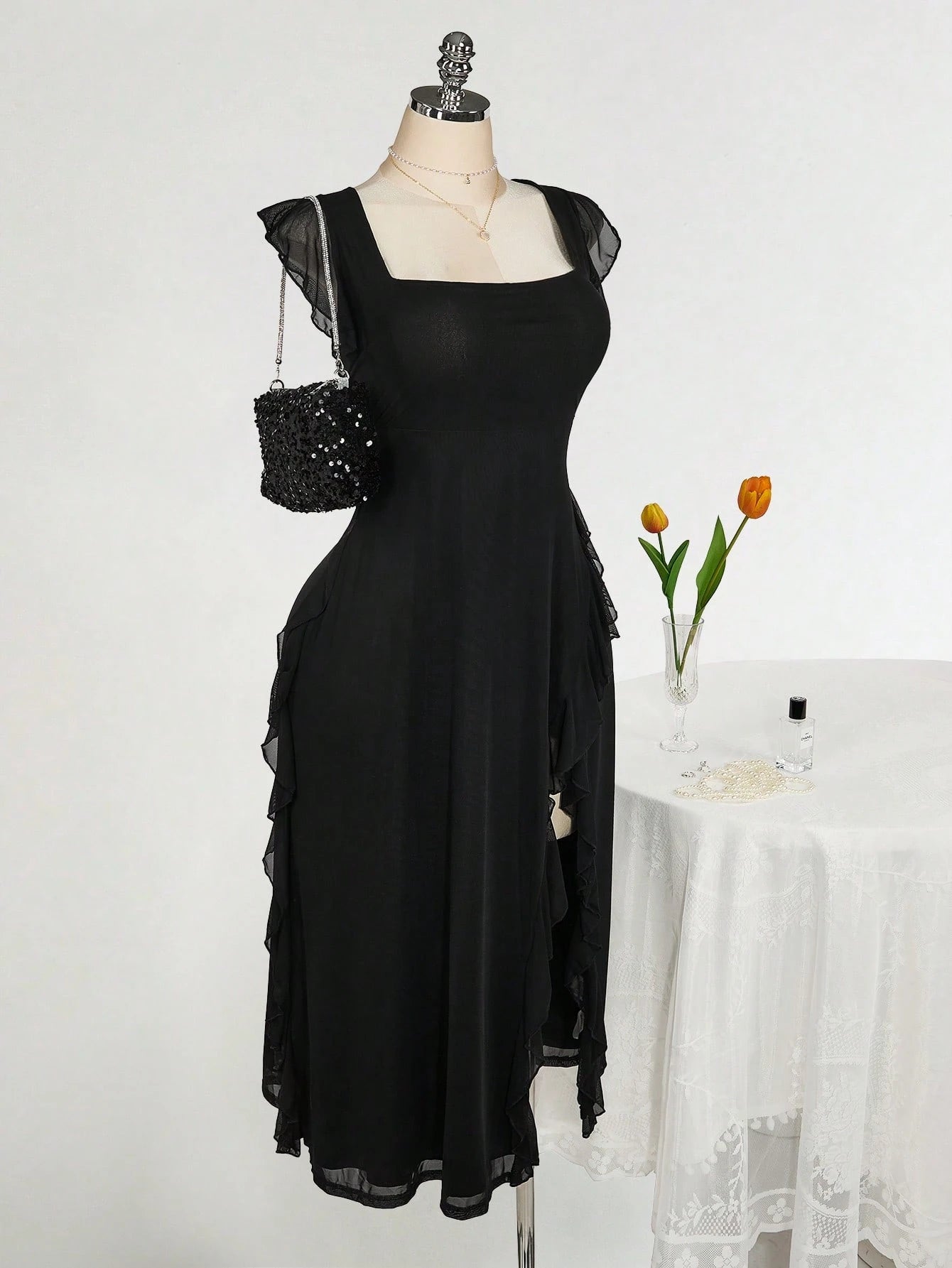 Plus Size Square Neck Ruffle Hem Dress – Romantic Wedding Guest Party Dress for Women