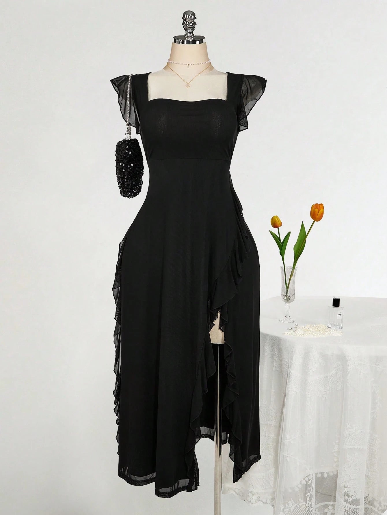 Plus Size Square Neck Ruffle Hem Dress – Romantic Wedding Guest Party Dress for Women