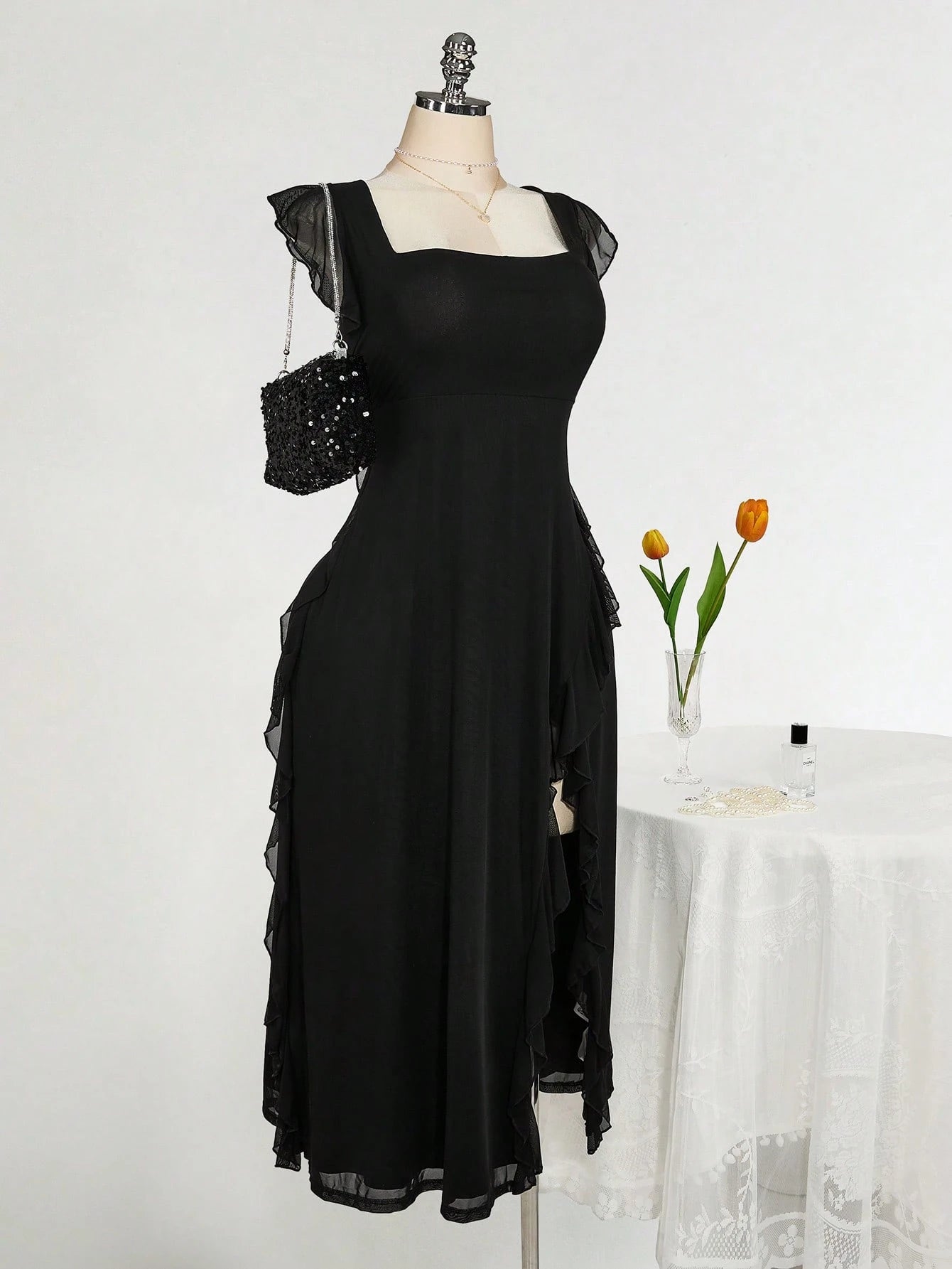 Plus Size Square Neck Ruffle Hem Dress – Romantic Wedding Guest Party Dress for Women