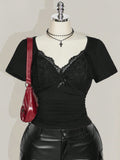 Plus Size Lace Splicing Ruched Knit Top – Elegant V-Neck Fitted Spring Summer T-Shirt for Women