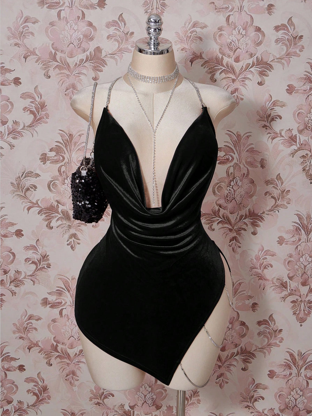Plus Size Black Velvet Rhinestone Mini Dress – Backless Plunge Neck Party Dress