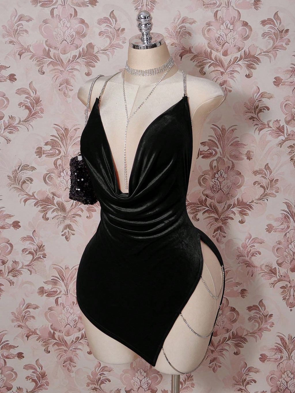 Plus Size Black Velvet Rhinestone Mini Dress – Backless Plunge Neck Party Dress