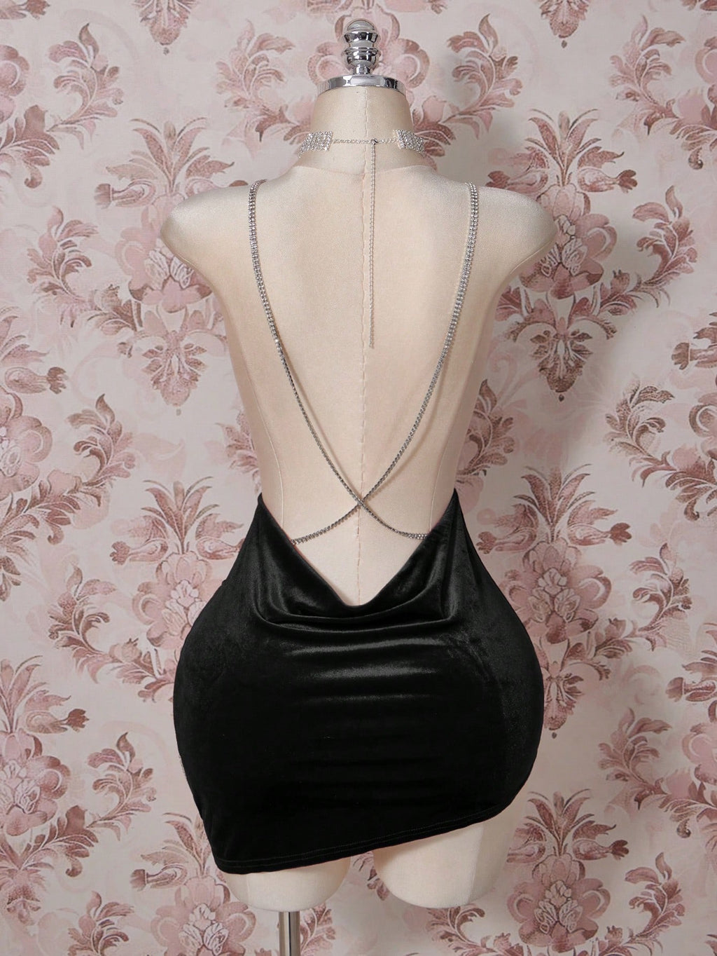 Plus Size Black Velvet Rhinestone Mini Dress – Backless Plunge Neck Party Dress