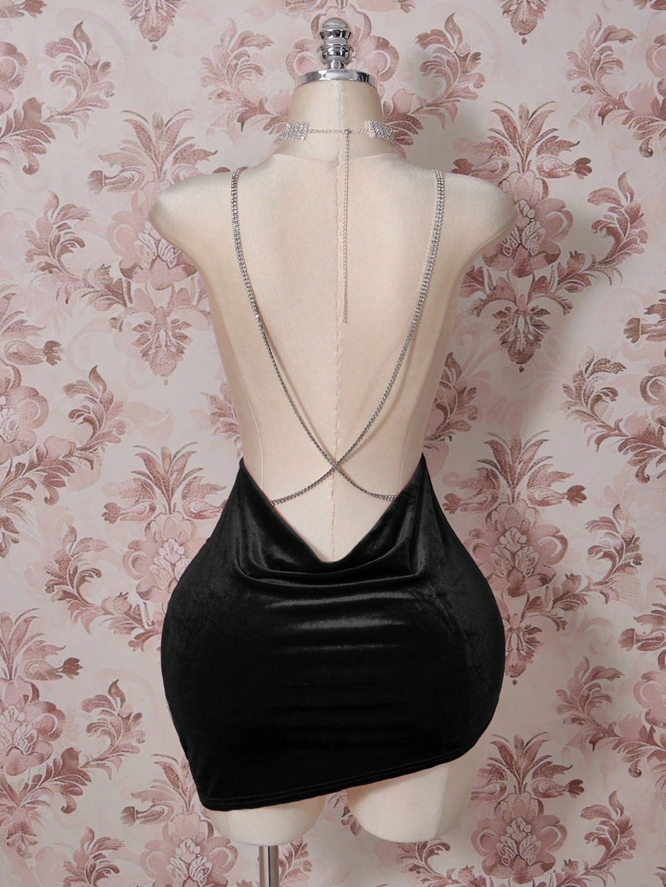 Plus Size Black Velvet Rhinestone Mini Dress – Backless Plunge Neck Party Dress